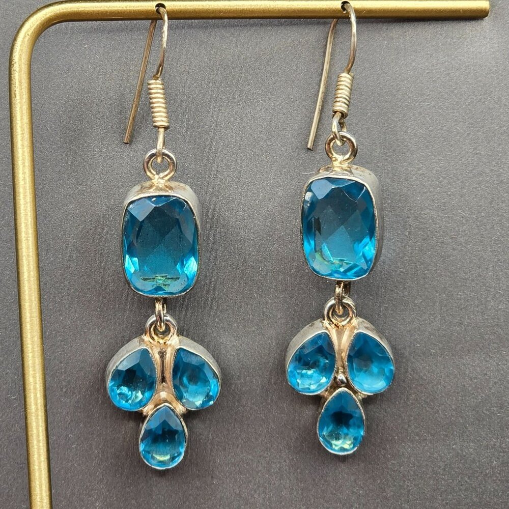 Sterling Silver Dangle Earrings 2.5" Blue Glass Gemstones 12.35g - Picture 7 of 14